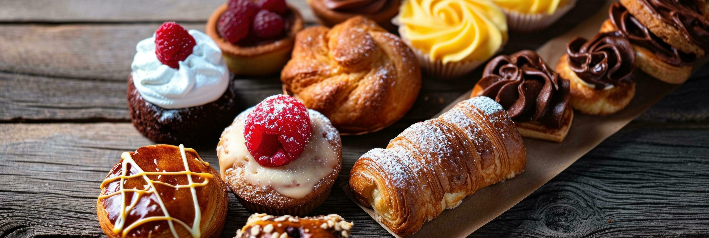 ai gerado de várias diferente pastelaria estão colocar em uma de madeira mesa foto