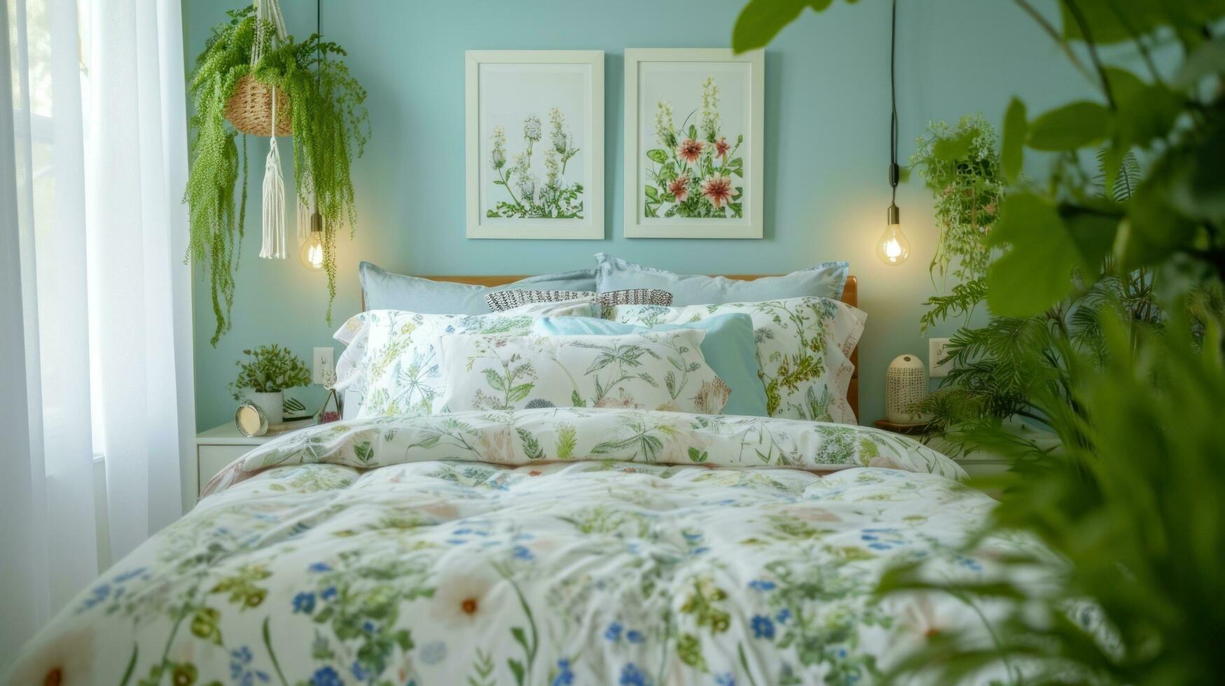 ai gerado uma quarto transformado para dentro uma Primavera jardim oásis com com estampa botânica roupa de cama foto