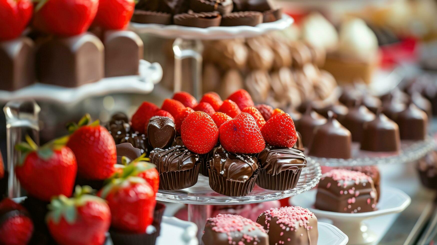 ai gerado decadente chocolates, morangos, e em forma de coração sobremesas foto