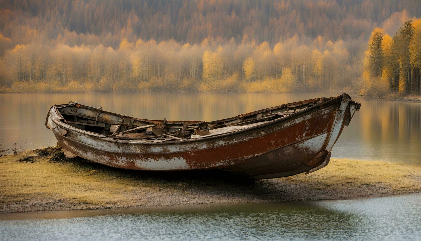 ai gerado uma barco é sentado em a costa do uma lago foto