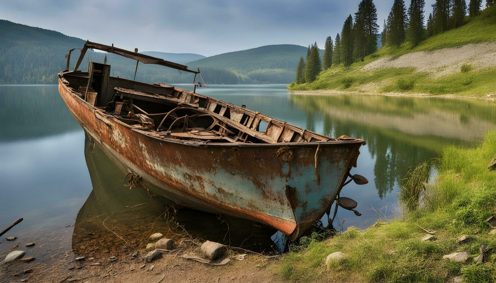 ai gerado a velho enferrujado barco senta em a costa do uma lago foto