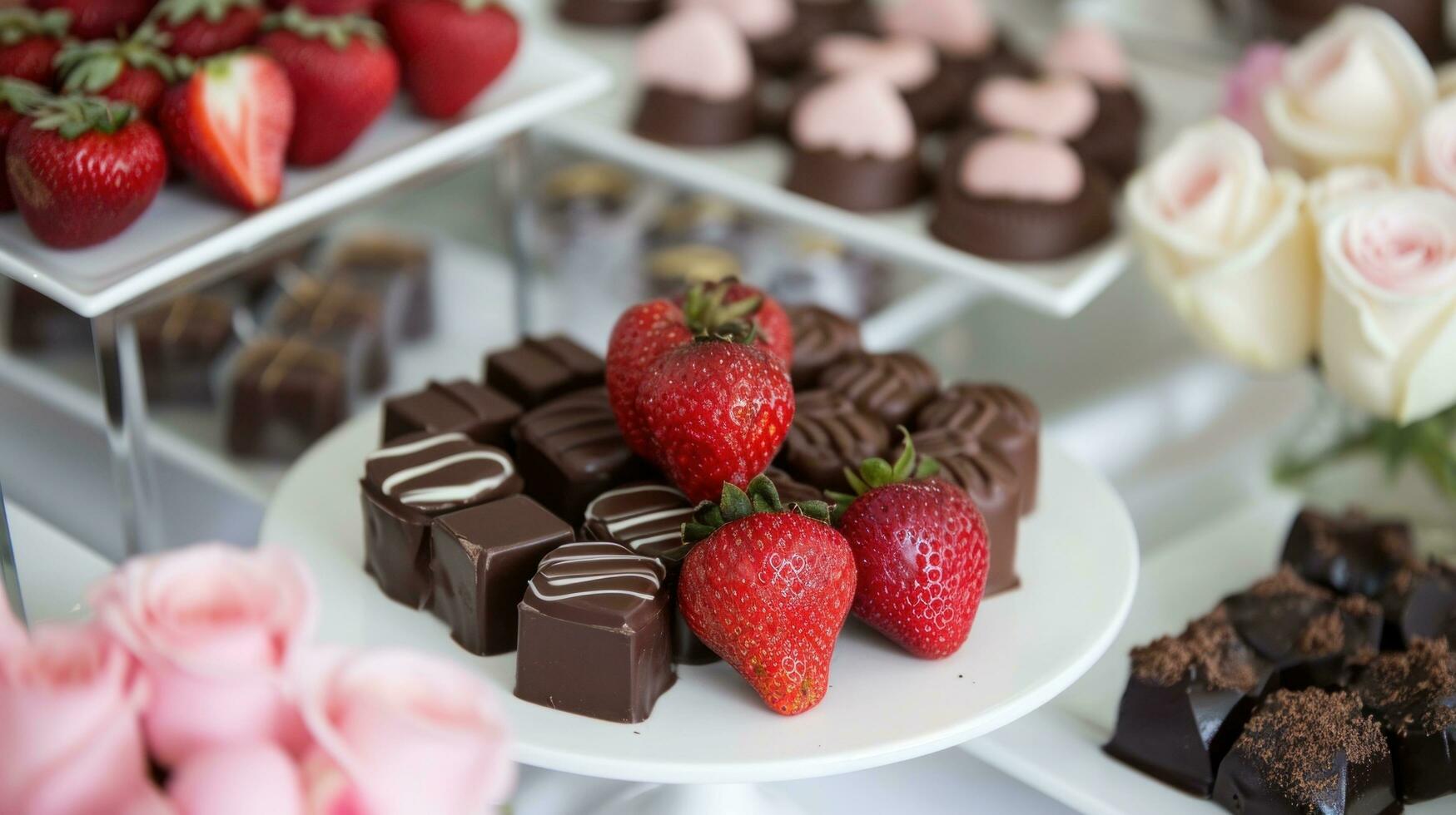 ai gerado decadente chocolates, morangos, e em forma de coração sobremesas foto