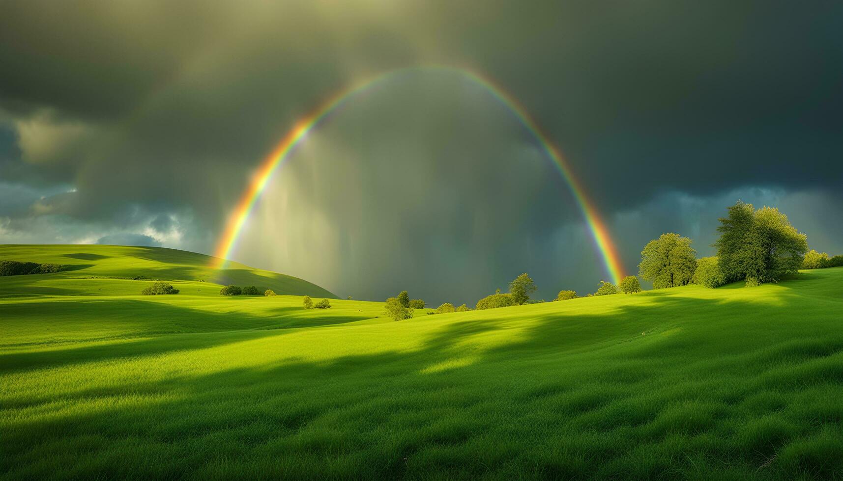 ai gerado arco Iris sobre verde gramíneo campo com árvores e céu foto