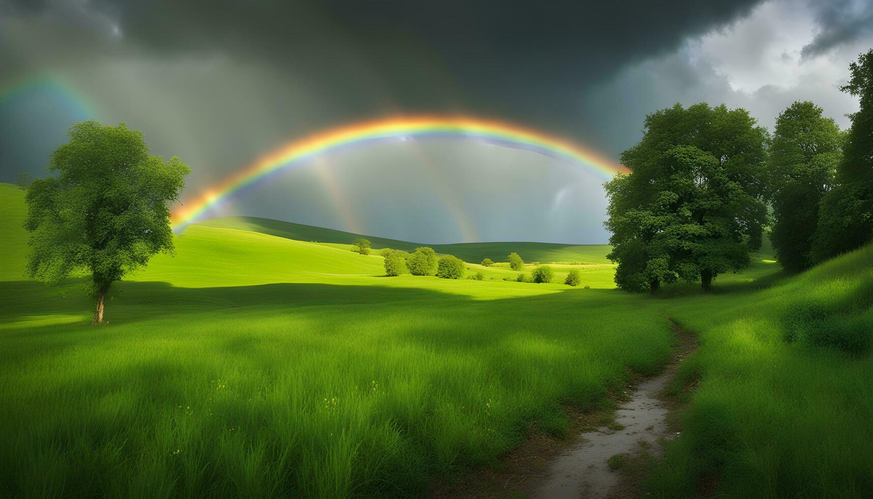 ai gerado arco Iris sobre verde campo com árvores e Relva foto