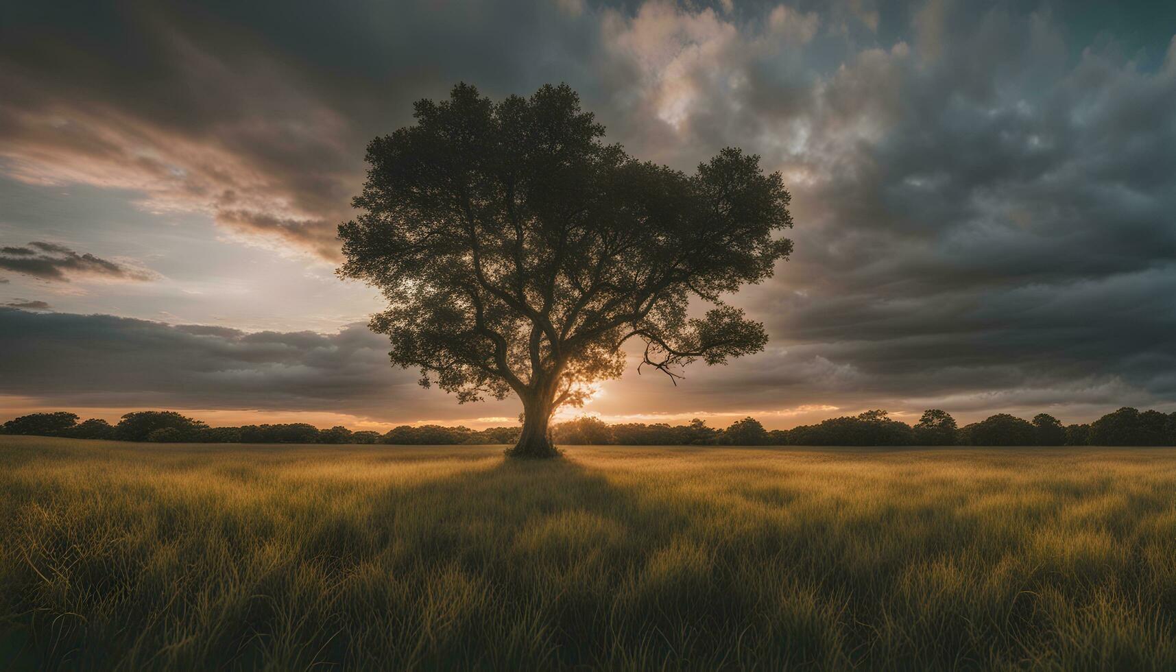 ai gerado uma solitário árvore dentro uma campo com uma dramático pôr do sol foto