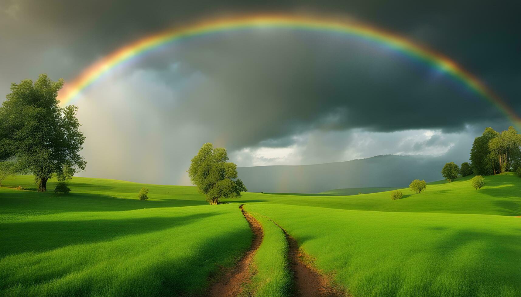 ai gerado uma arco Iris é visto sobre uma verde campo foto