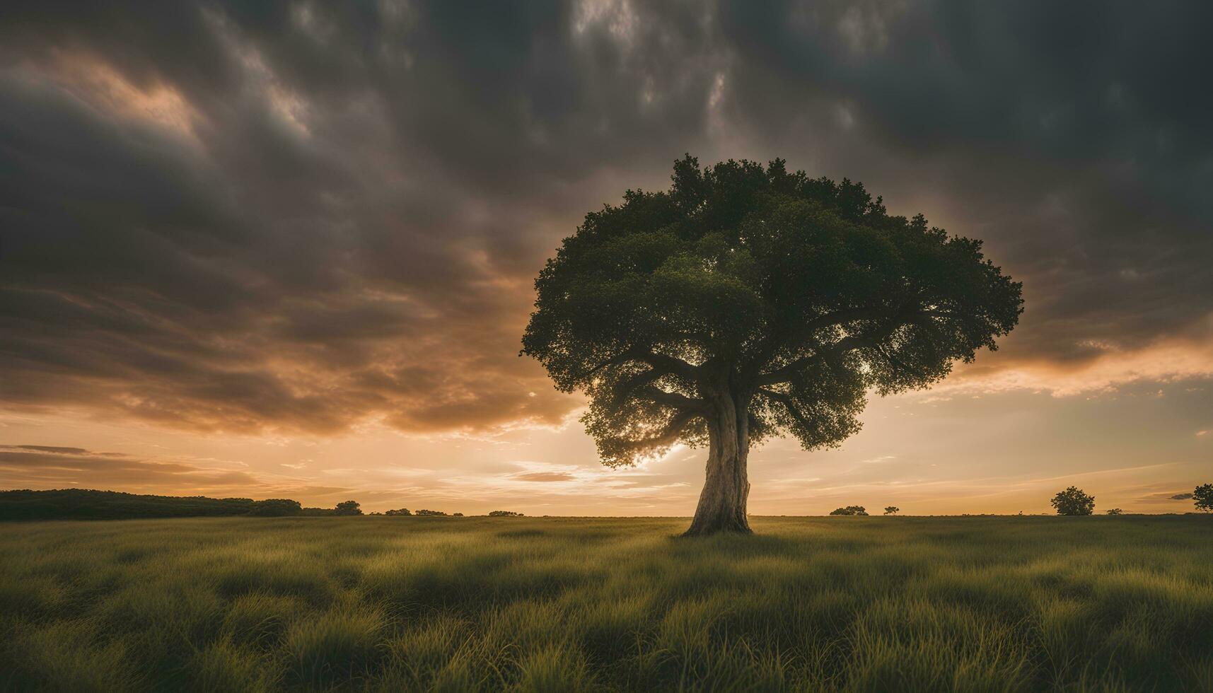 ai gerado uma solitário árvore carrinhos dentro uma campo durante uma dramático pôr do sol foto