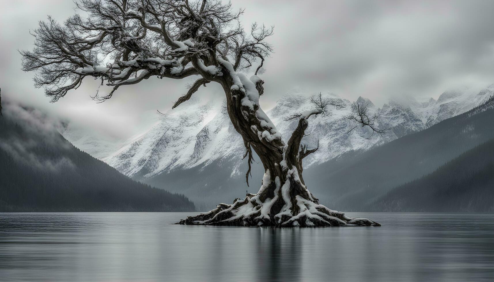 ai gerado uma solitário árvore carrinhos dentro a meio do uma lago foto