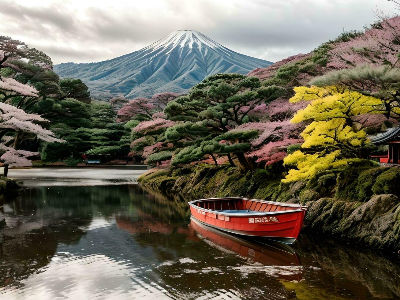 ai gerado pitoresco panorama do montar Fuji com cereja flores e barco em a lago ilustração foto