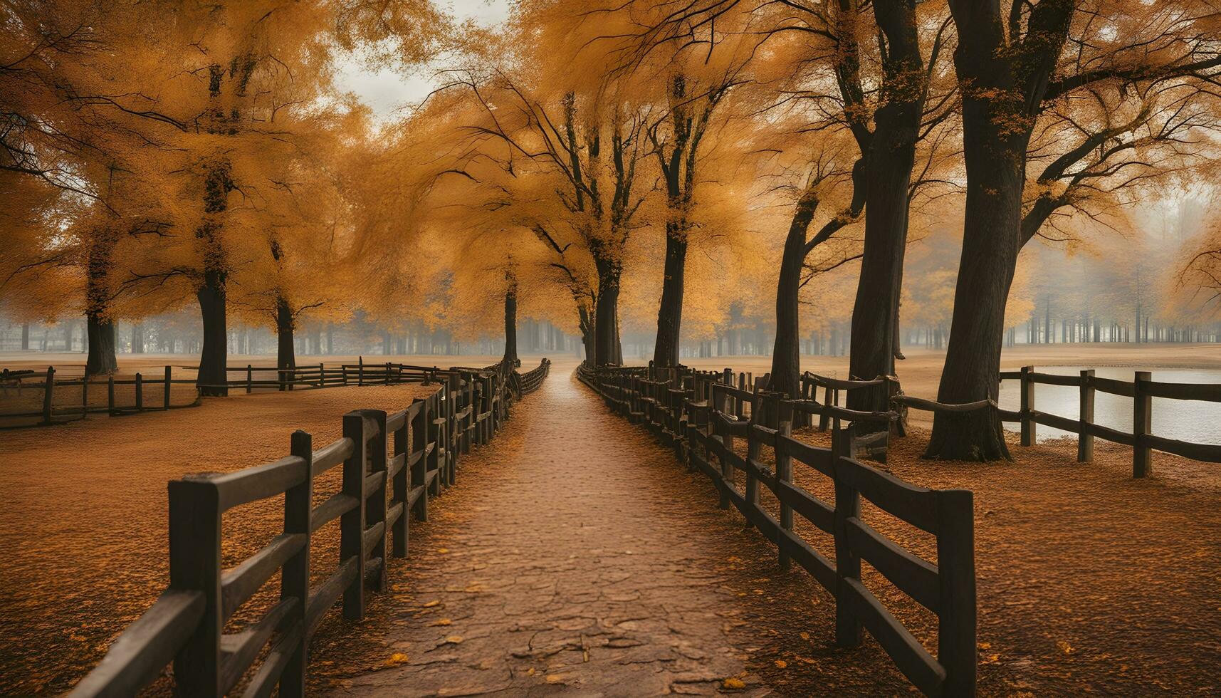 ai gerado uma caminho através uma parque com árvores e uma cerca foto