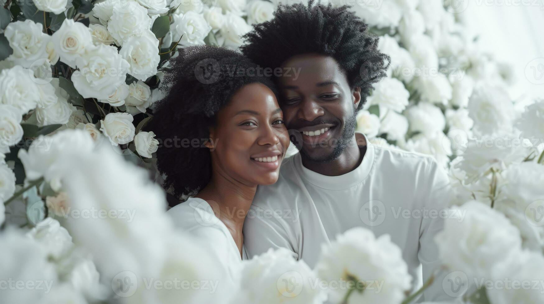 ai gerado africano americano casal estão feliz, rindo sorrir em seus face, branco dia dos namorados tema, comemora amor, uma quarto cheio do branco rosas jardim foto