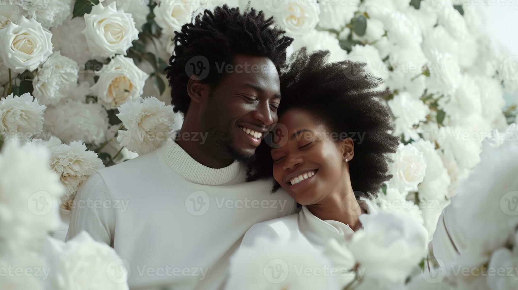 ai gerado africano americano casal estão feliz, rindo sorrir em seus face, branco dia dos namorados tema, comemora amor, uma quarto cheio do branco rosas jardim foto