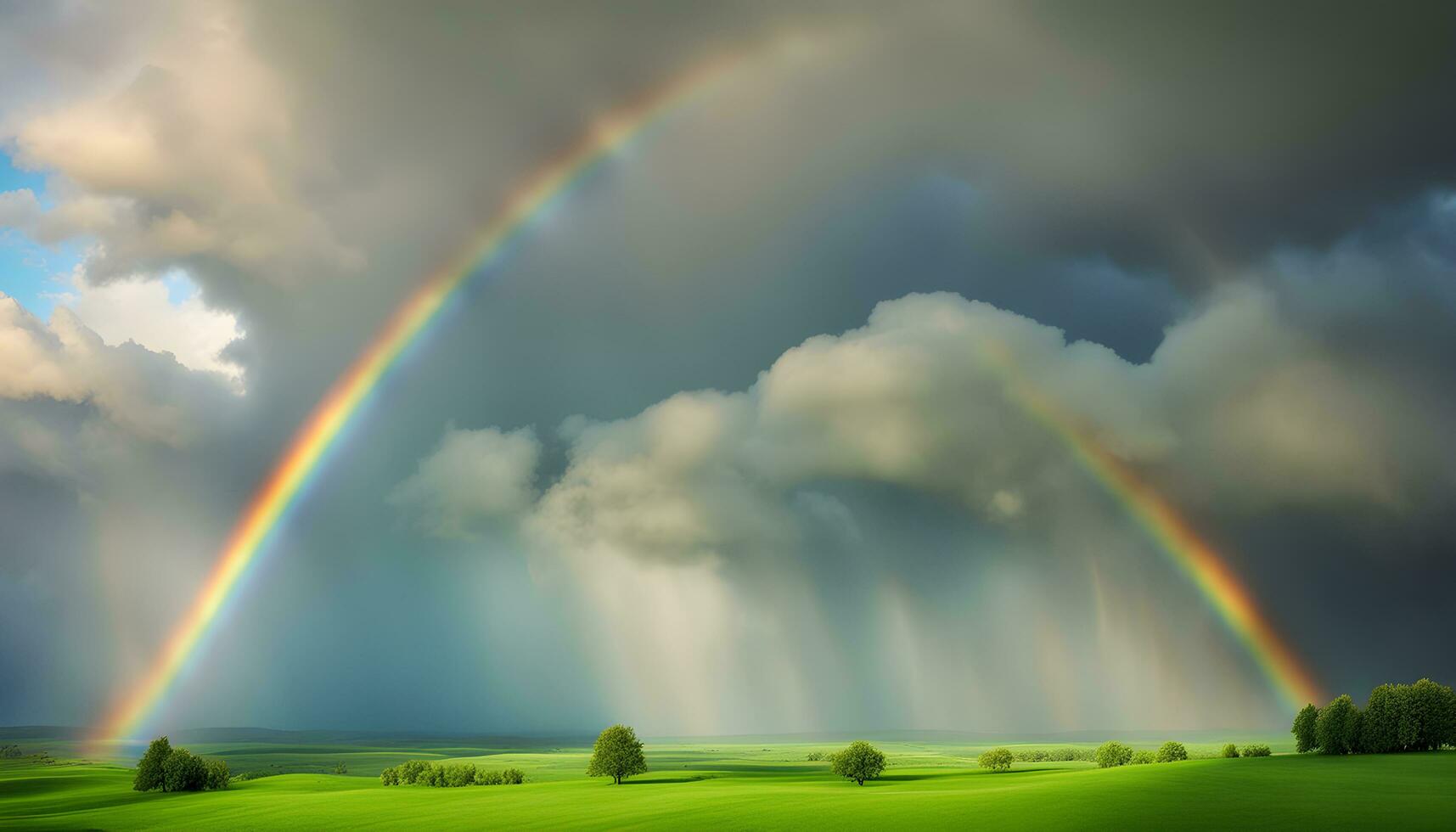 ai gerado arco Iris sobre verde campo com árvores e céu foto