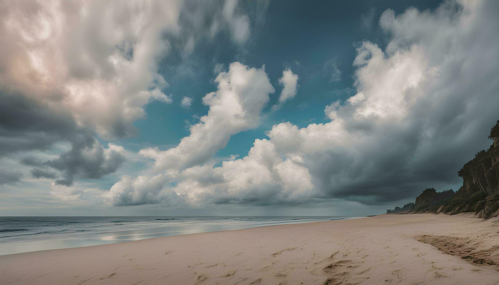 ai gerado uma de praia com nuvens e areia debaixo uma nublado céu foto