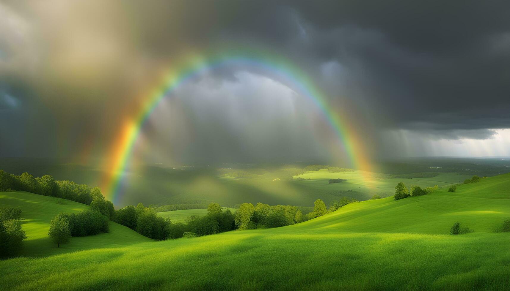 ai gerado arco Iris sobre verde colinas e árvores foto