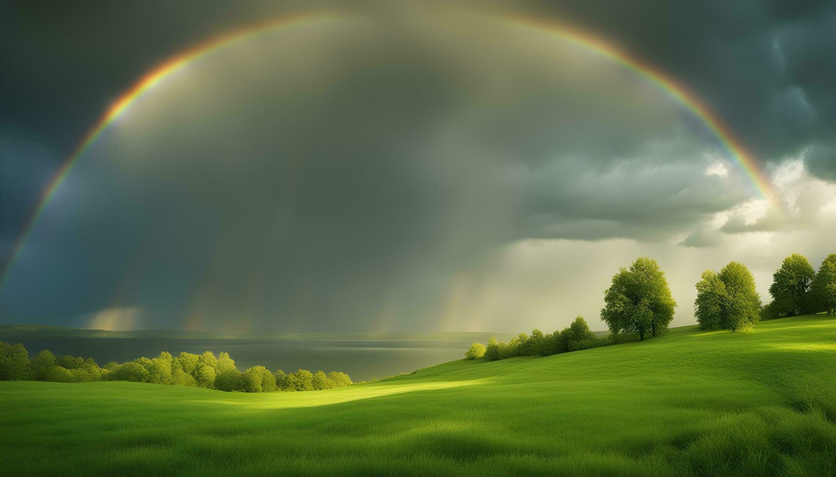 ai gerado arco Iris sobre verde gramíneo campo com árvores foto