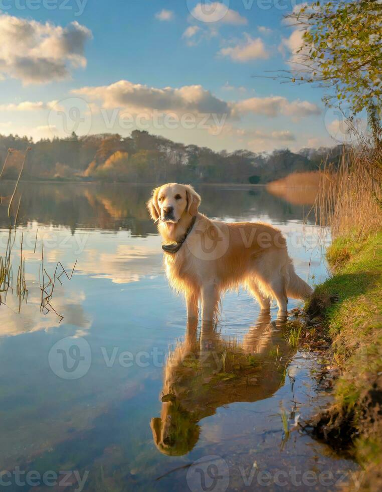 ai gerado majestoso dourado retriever desfrutando natureza de a lago com céu e nuvens reflexão foto