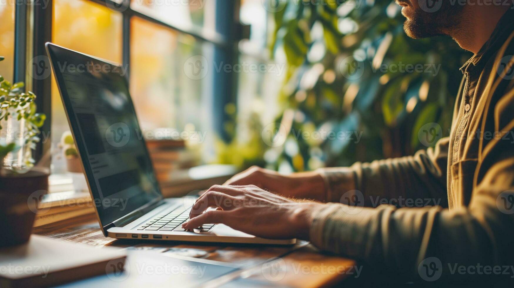 ai gerado homem trabalhando em computador portátil dentro uma brilhante, cheio de plantas espaço foto