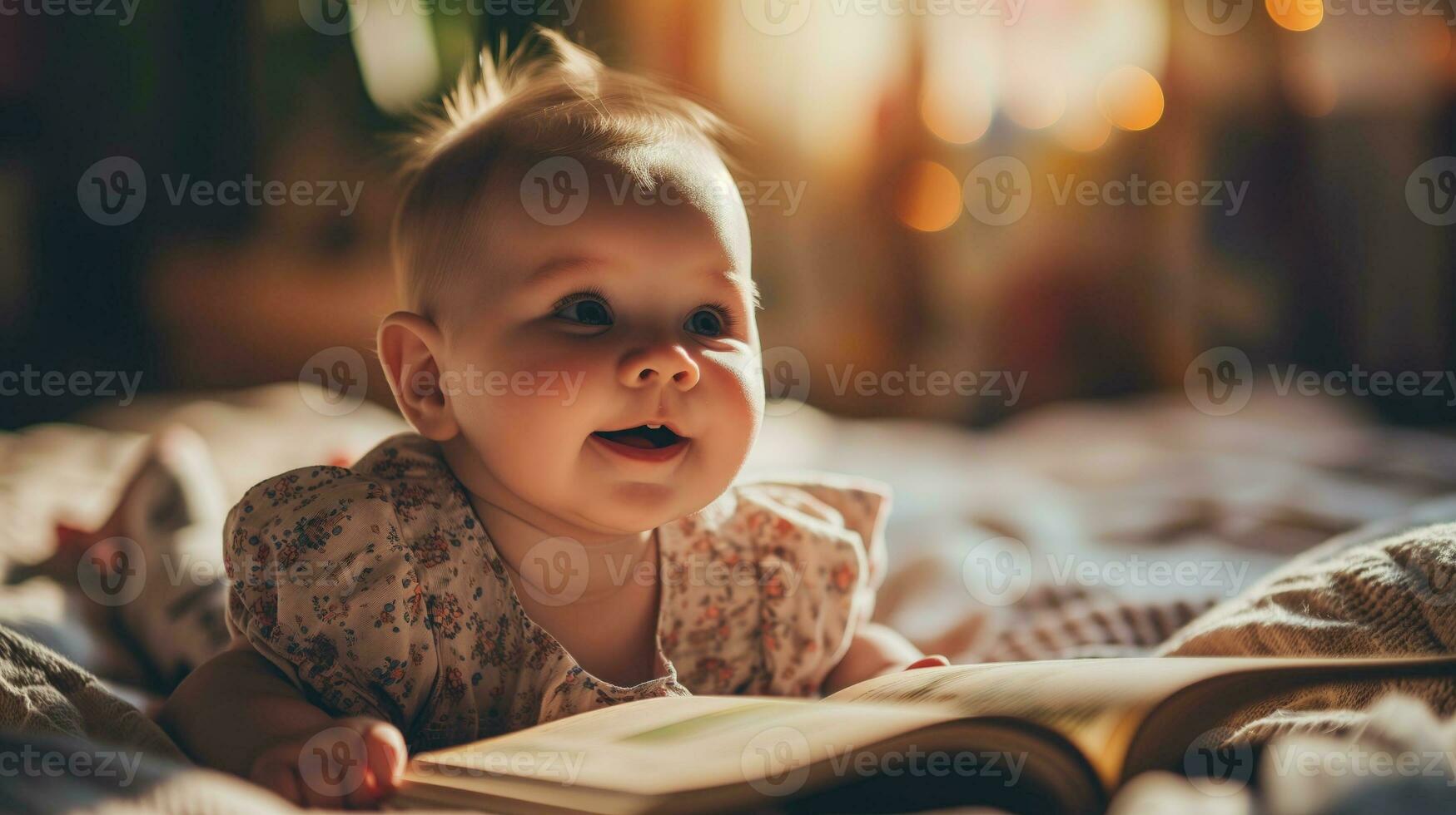 ai gerado uma bebê deitado em uma cama olhando às uma livro com uma fascinado expressão foto