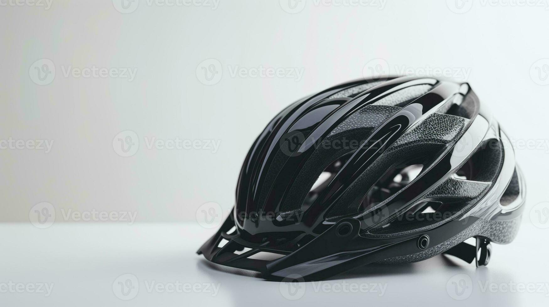 ai gerado lustroso Preto ciclismo capacete em uma branco superfície foto