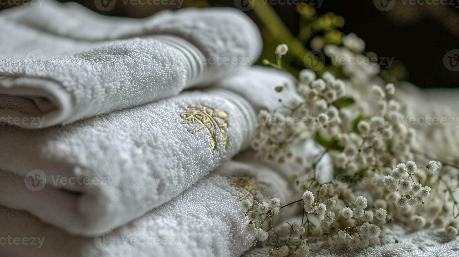 ai gerado suave branco toalhas com elegante bordado e Bêbês respiração flores foto