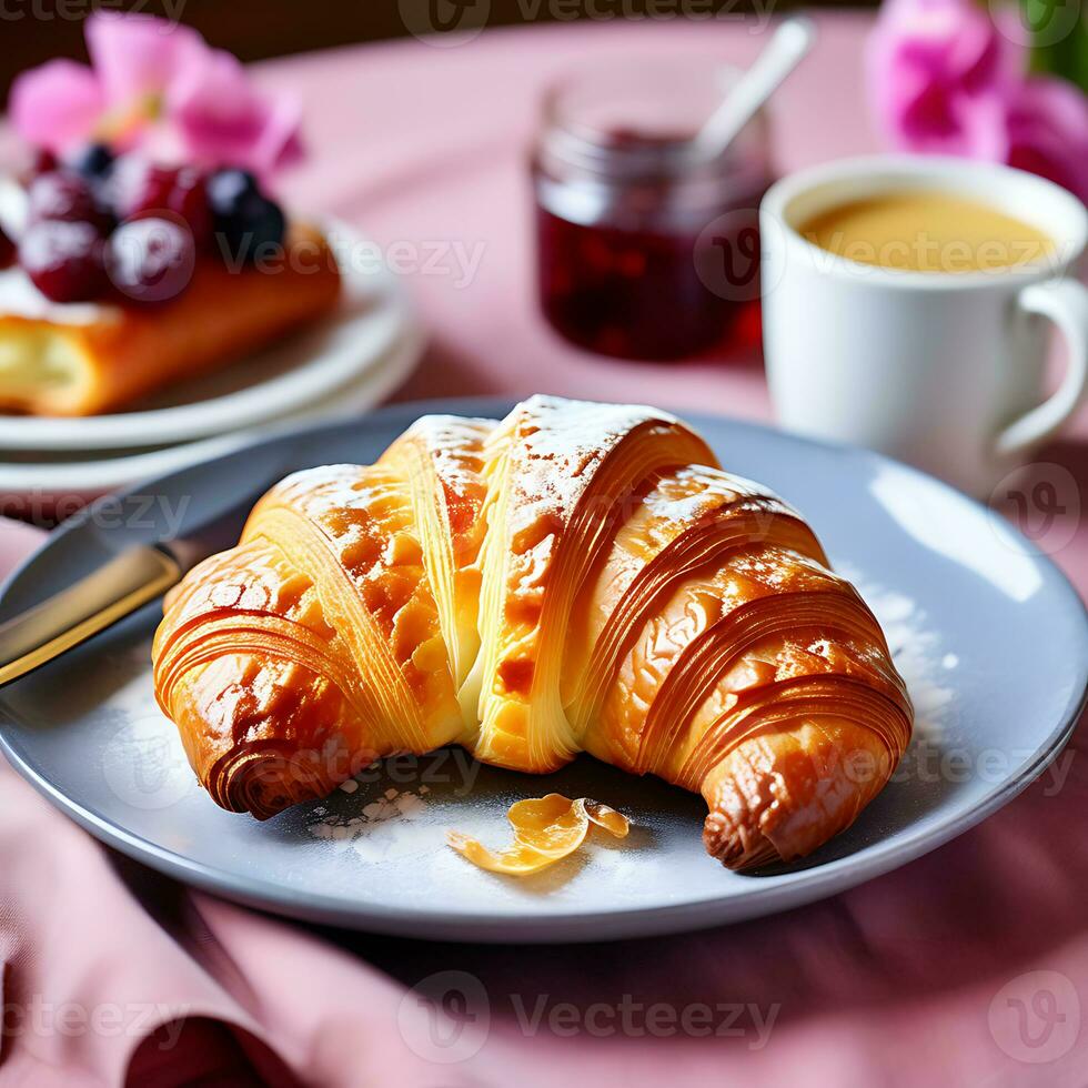 ai gerado croissant em uma branco prato foto