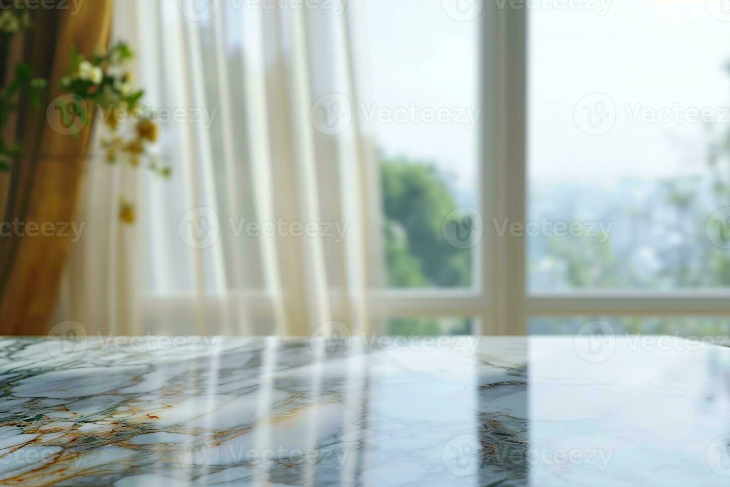 ai gerado mármore mesa topo em borrão quarto interior com janela cortina fundo. generativo ai. foto