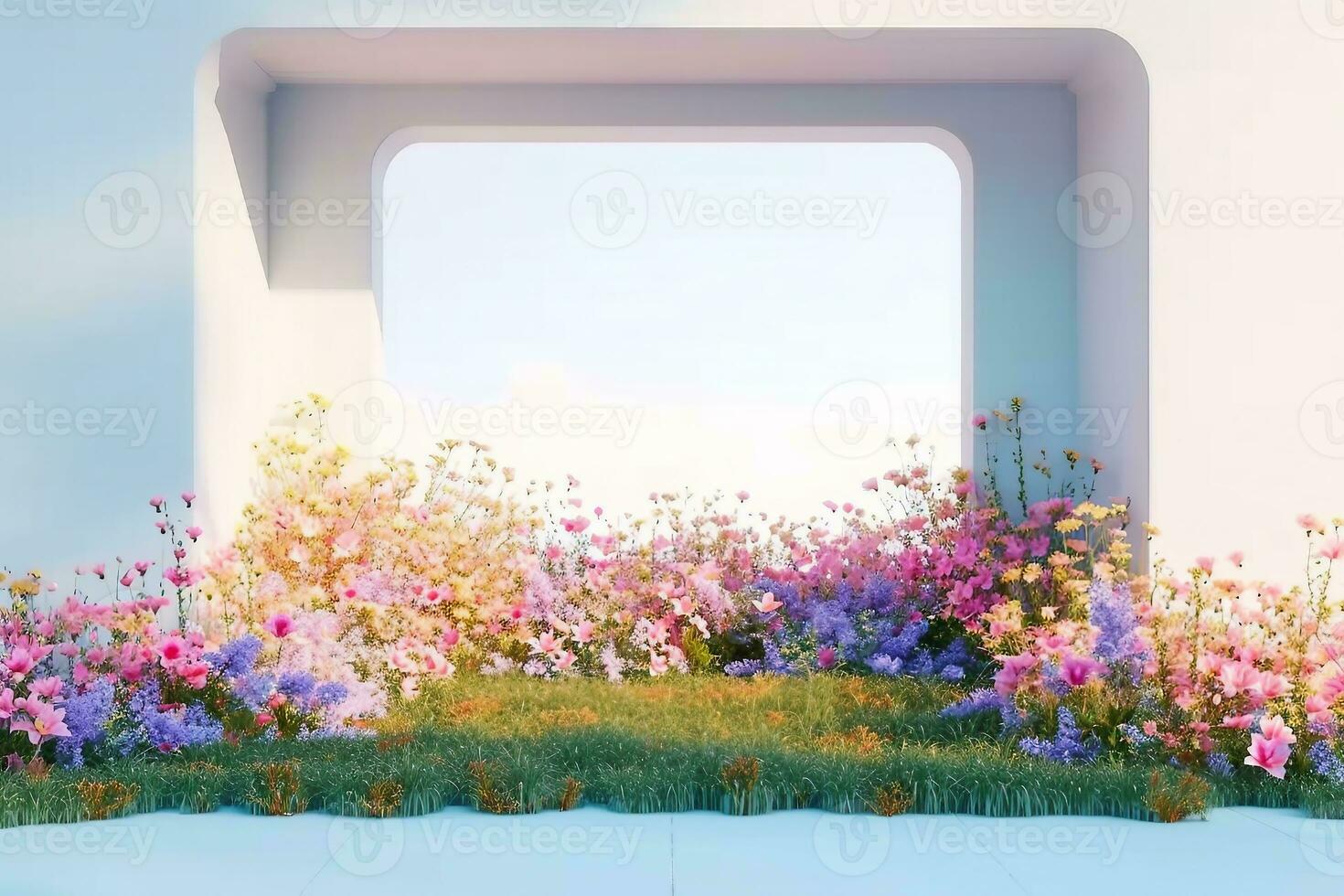 ai gerado Primavera floral instalação cena com geométrico arco forma. 3d Renderização. generativo ai. foto