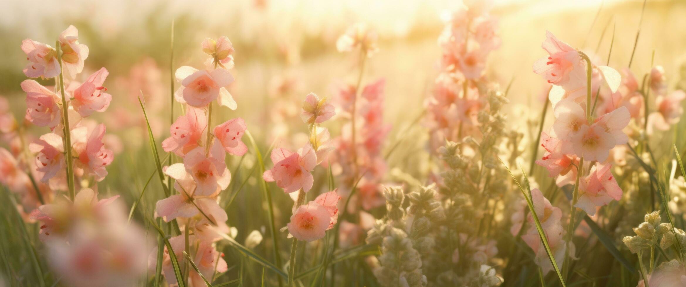 ai gerado uma grupo do Rosa flores estão dentro uma campo em Relva foto