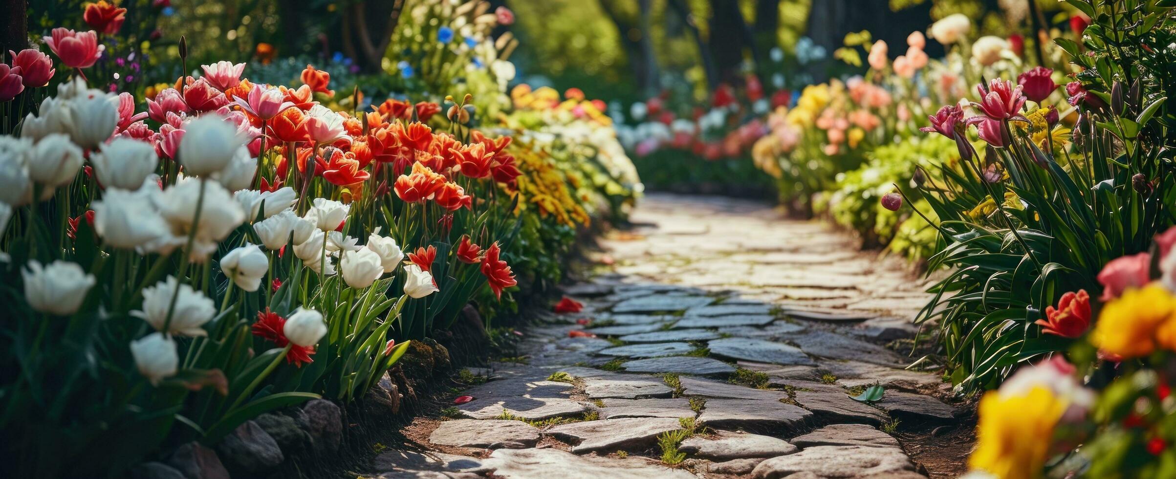 ai gerado uma lindo jardim caminho com colorida flores foto