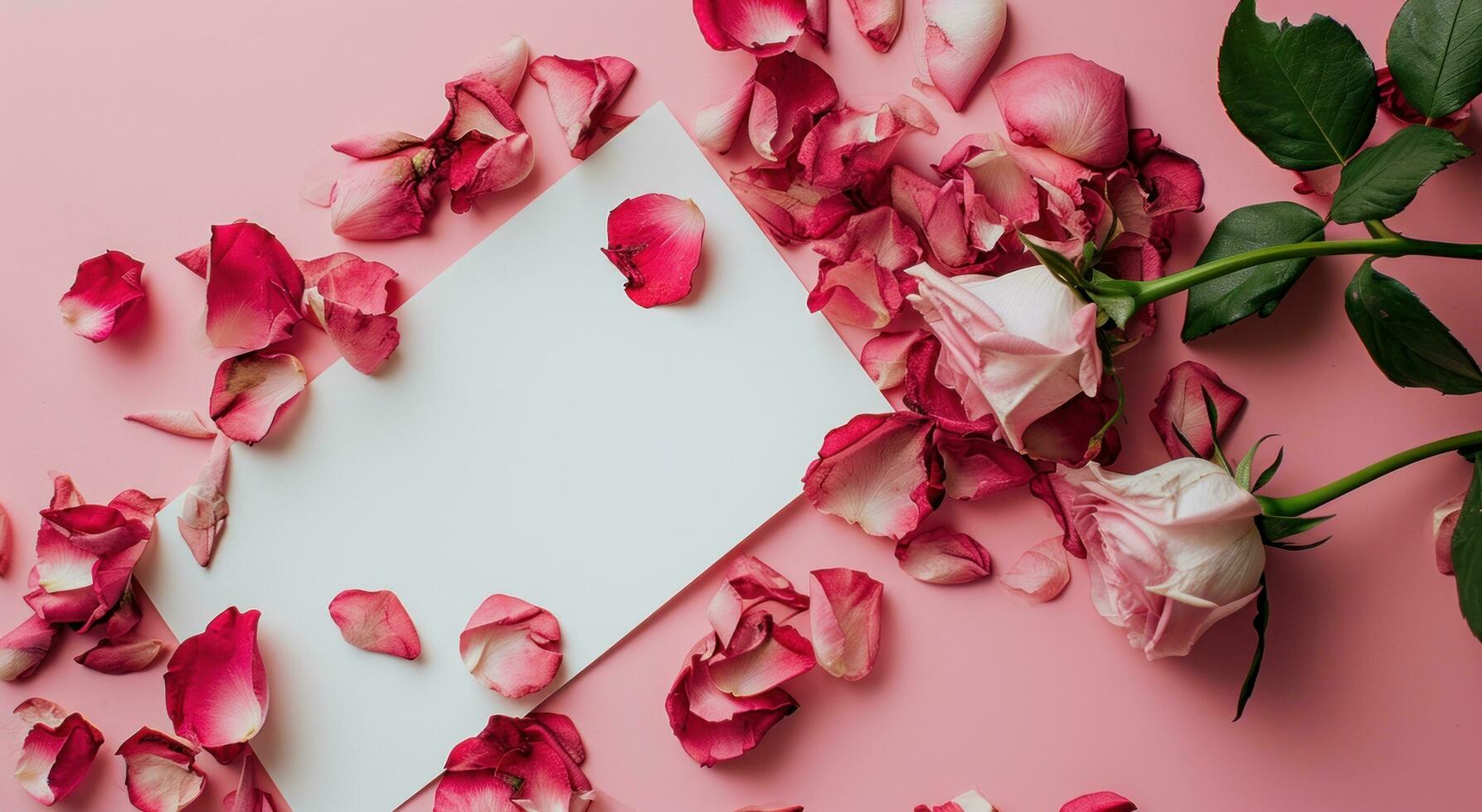 ai gerado uma em branco papel e rosa pétalas em uma Rosa fundo foto