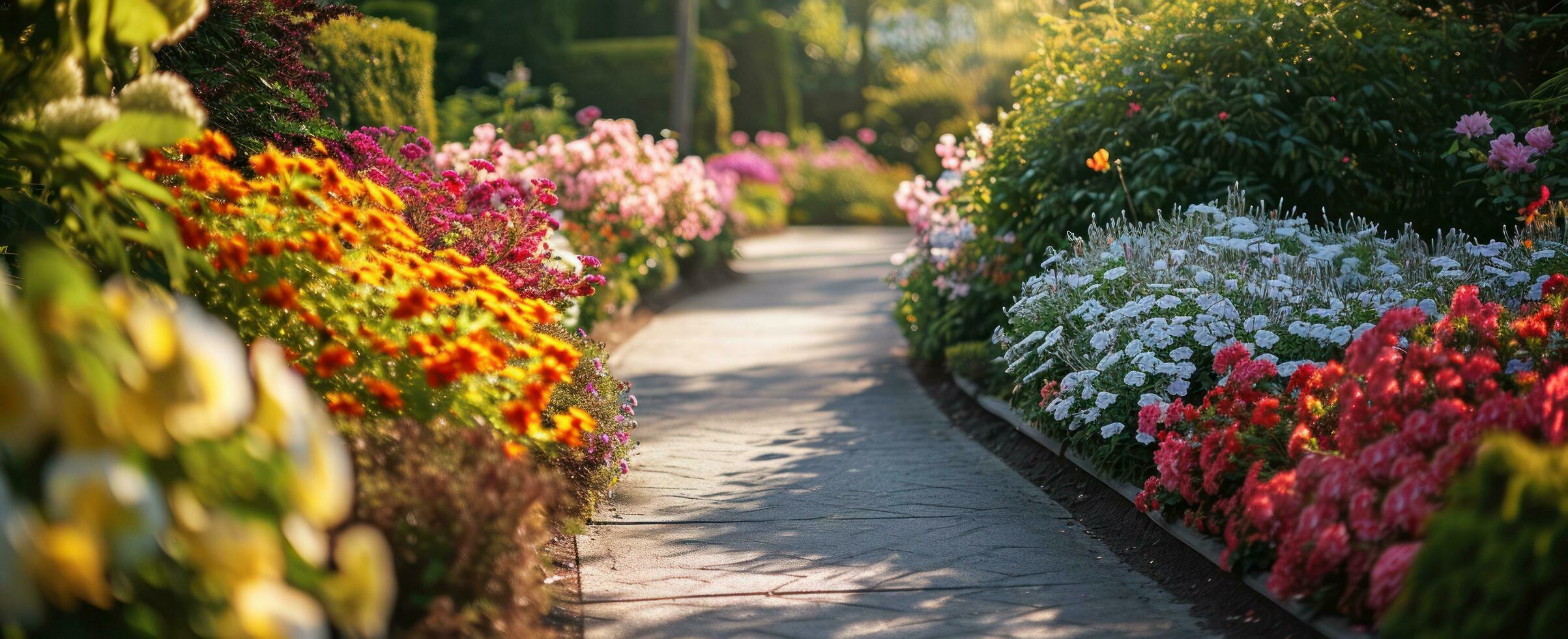 ai gerado uma lindo jardim caminho com colorida flores foto