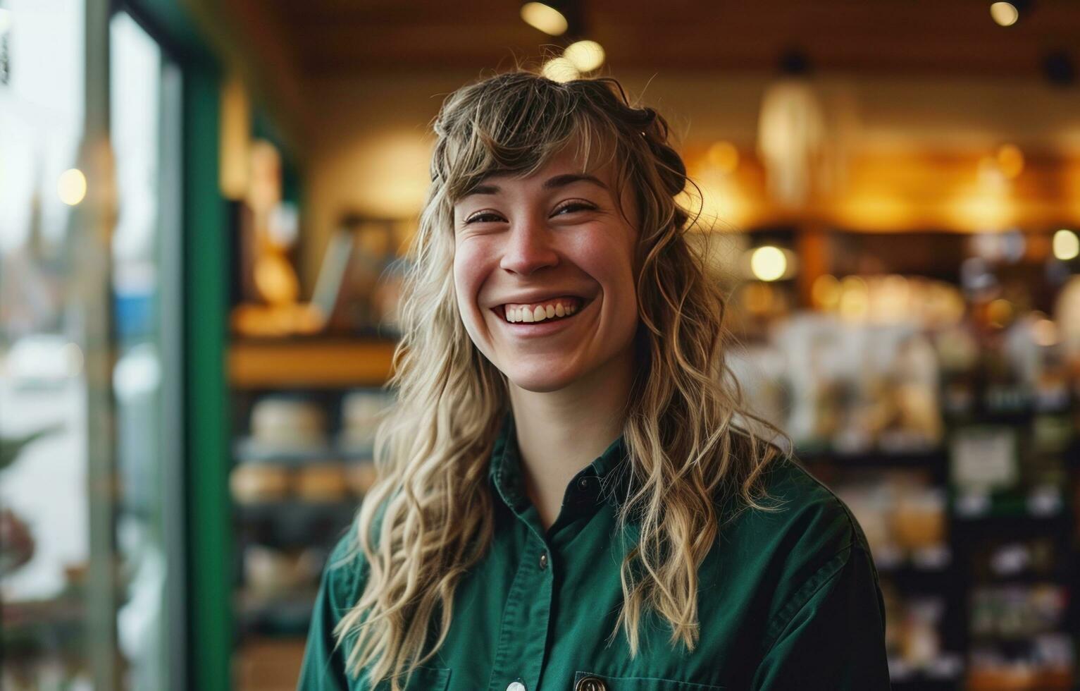 ai gerado uma lindo verde empregado sorridente dentro frente do uma loja foto