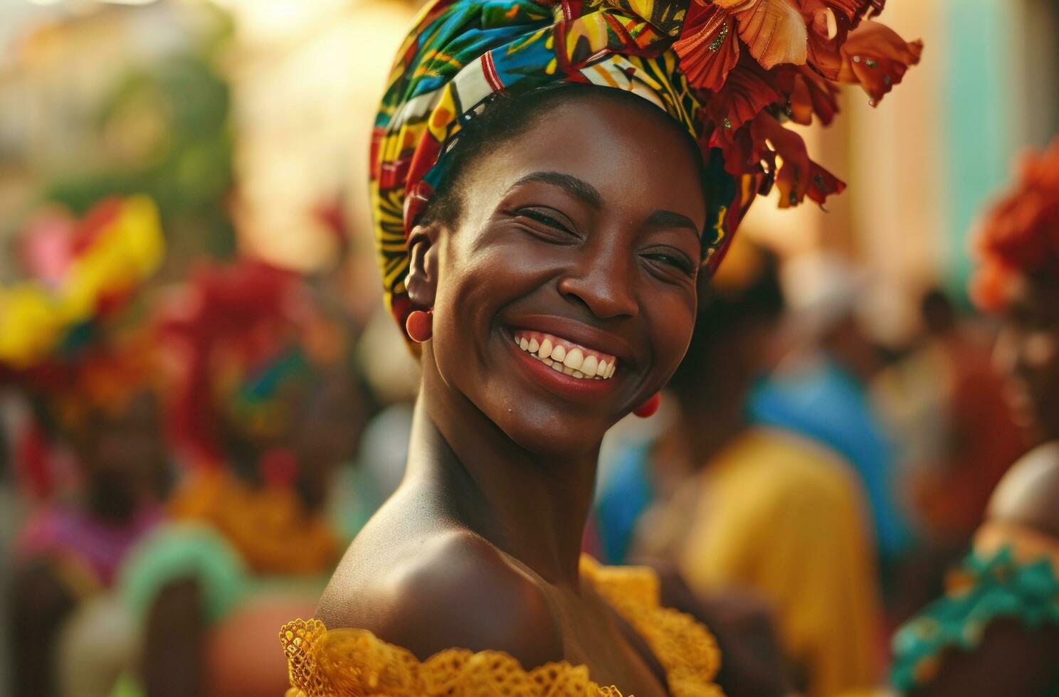 ai gerado uma feliz carnaval dançarino sorridente Como elas caminhou através uma cidade foto