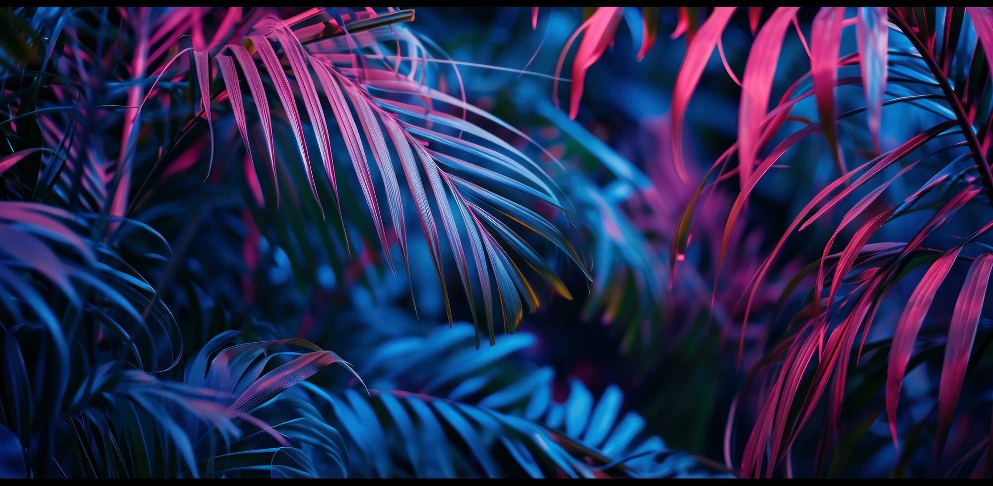 ai gerado uma luz roxa e azul tropical selva com Palma folhas foto