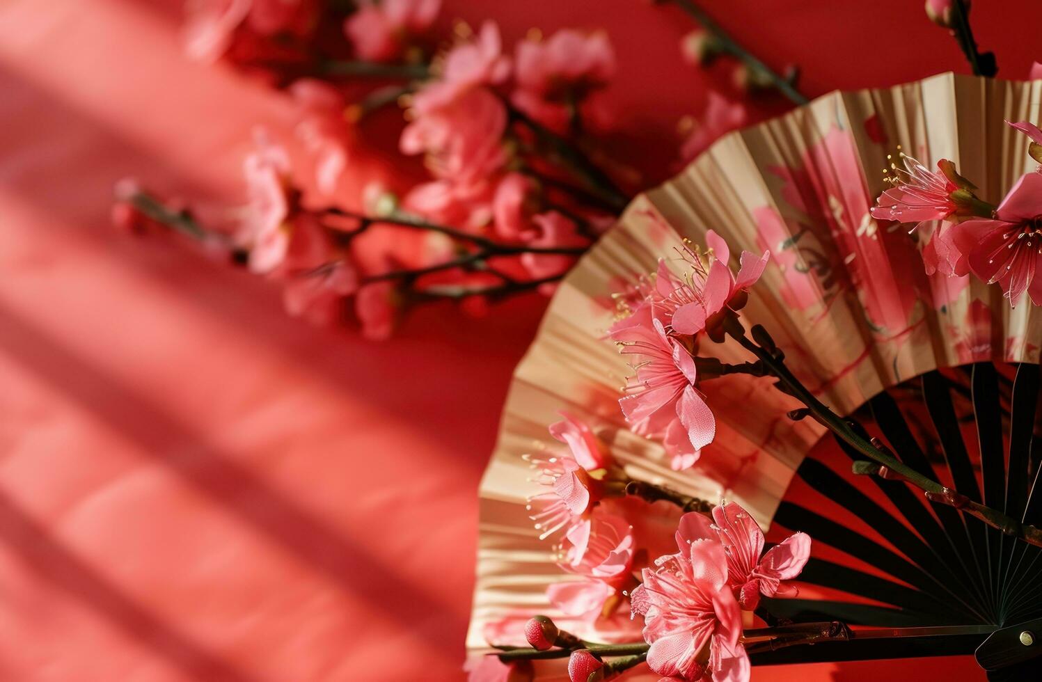 ai gerado uma papel ventilador com Rosa flores em uma vermelho fundo, foto