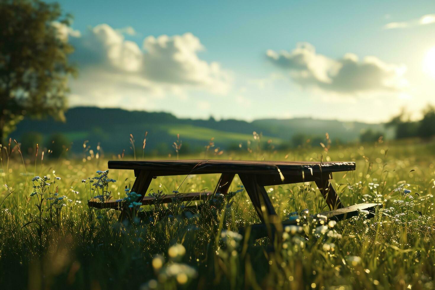 ai gerado uma mesa é sentado em a lado de fora do a aberto campo foto