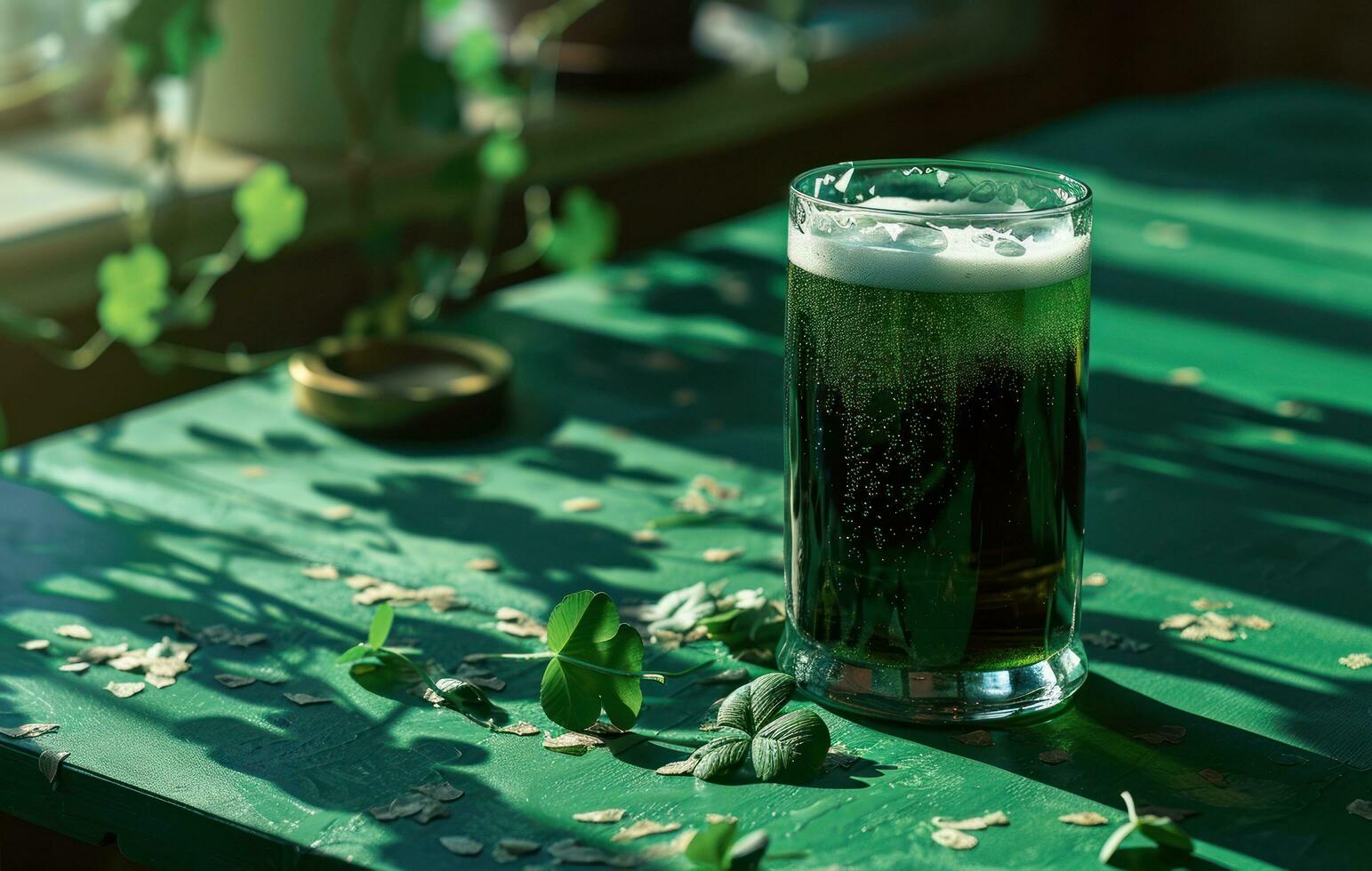 ai gerado a irlandês Cerveja com dois trevo folhas sentado em uma verde mesa foto