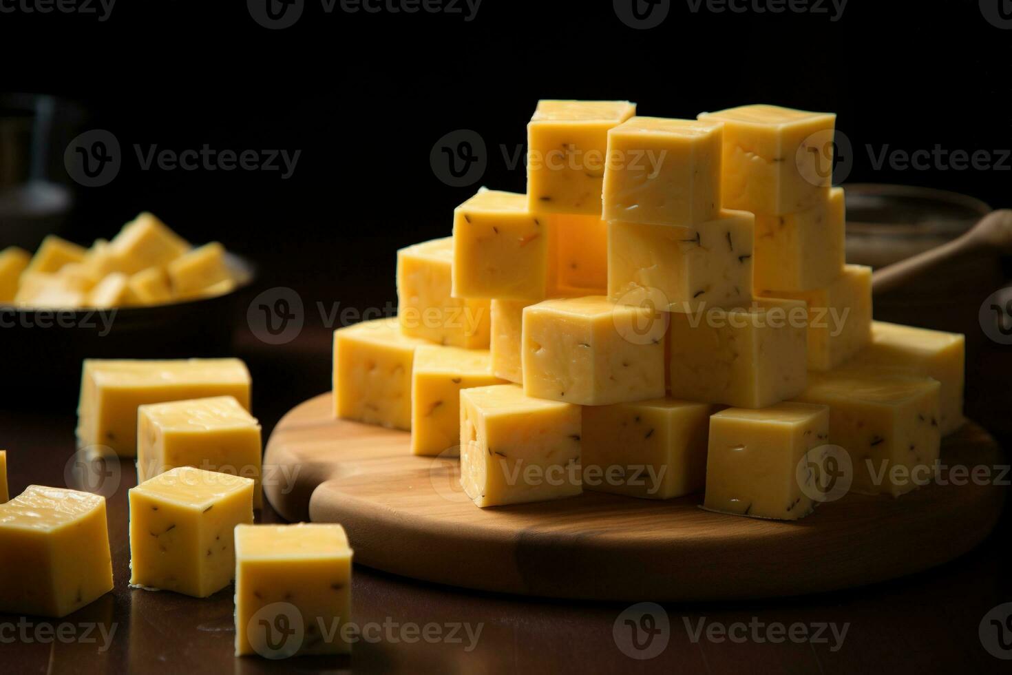 ai gerado fechar-se do uma prato do amarelo queijo cubos. foto