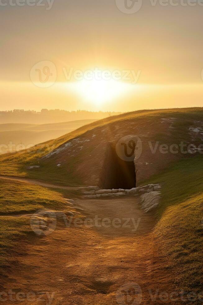 ai gerado nascer do sol sobre uma megalítico túmulo foto