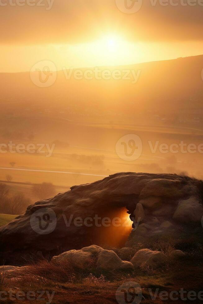 ai gerado nascer do sol sobre uma megalítico túmulo foto