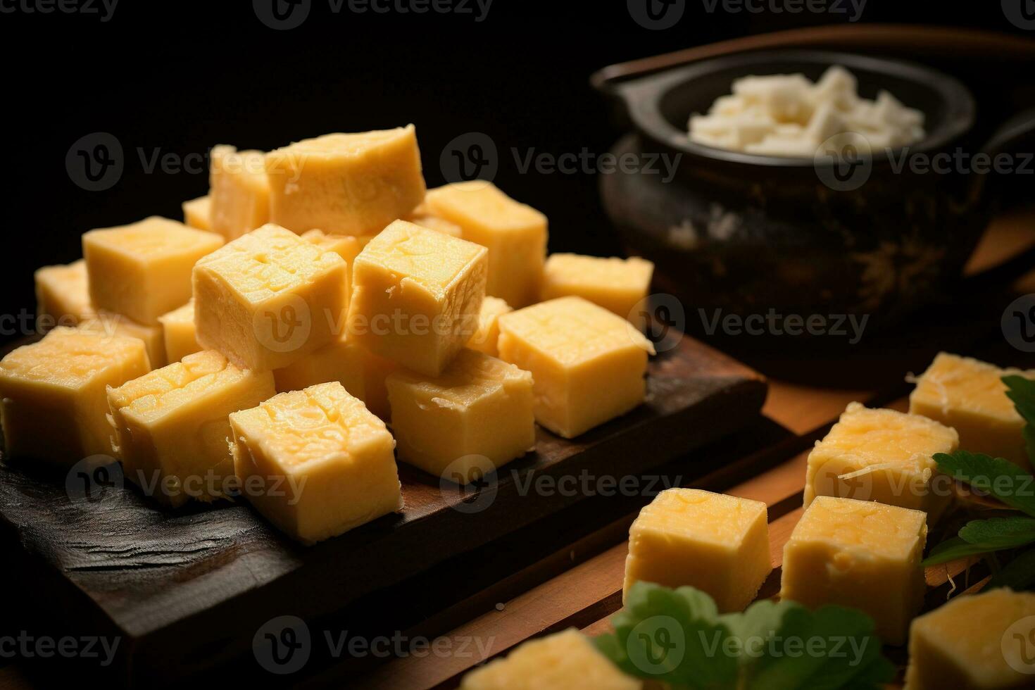 ai gerado fechar-se do uma prato do amarelo queijo cubos. foto