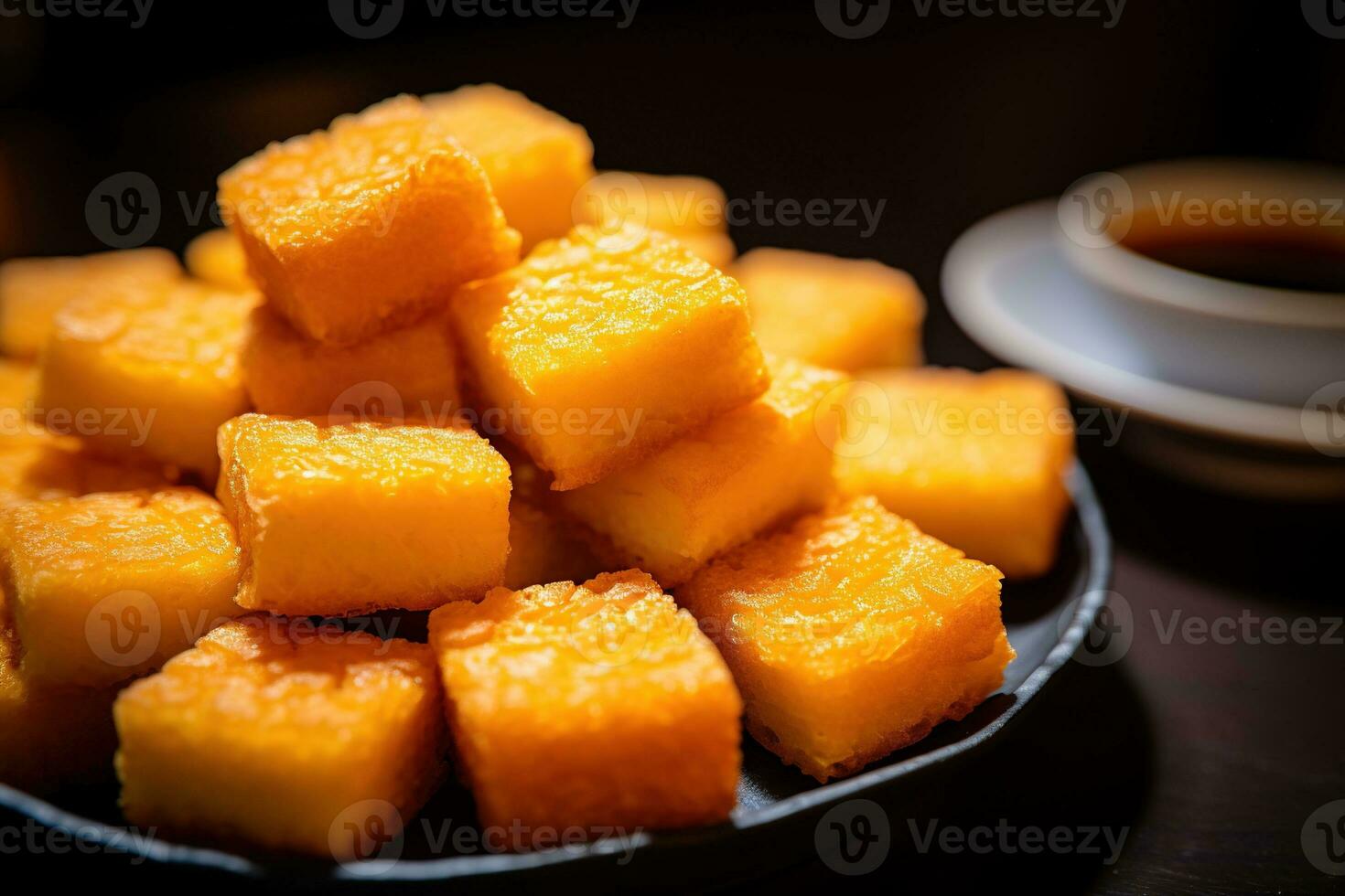 ai gerado fechar-se do uma prato do amarelo queijo cubos. foto