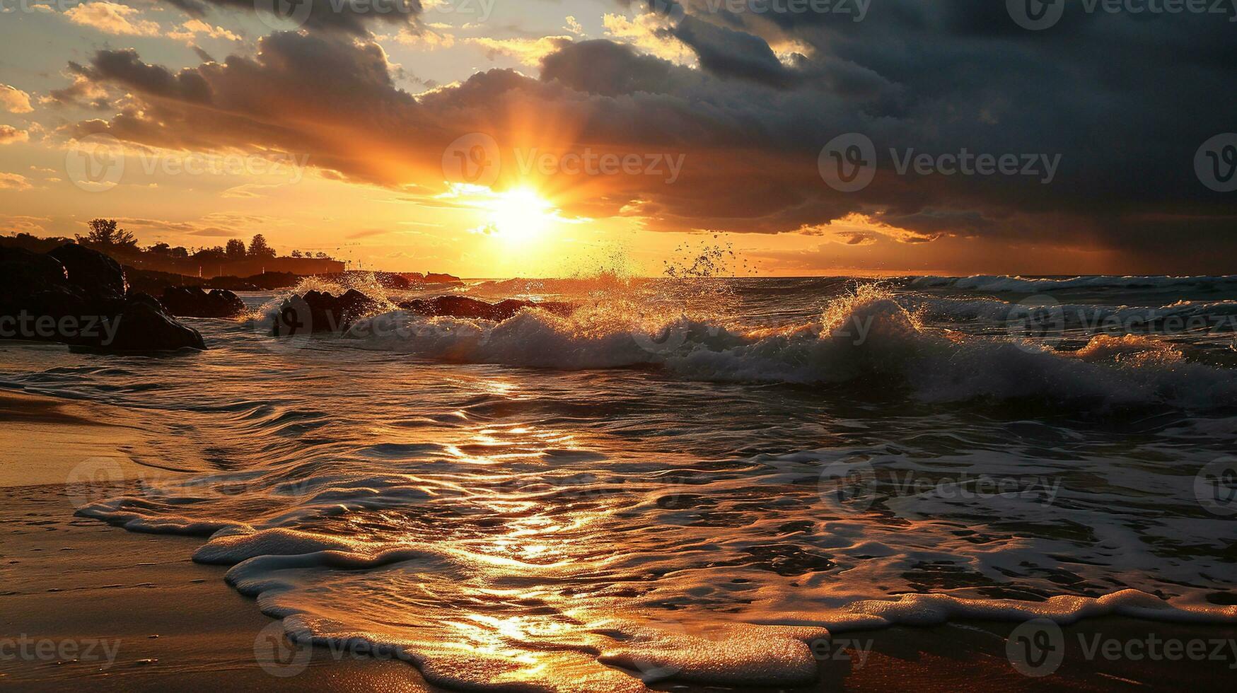 ai gerado lindo pôr do sol em a de praia. mar ondas e salpicos. foto