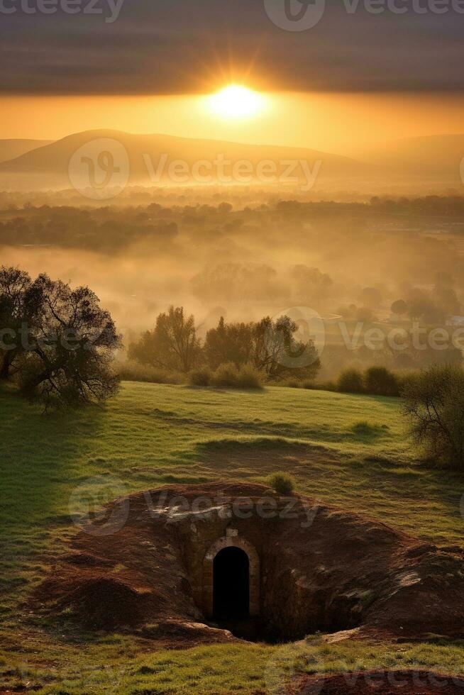 ai gerado nascer do sol sobre uma megalítico túmulo foto