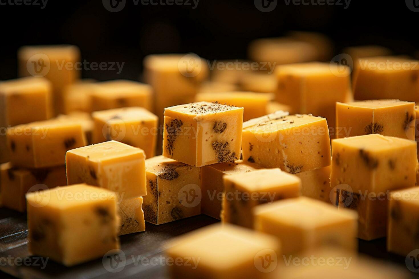 ai gerado fechar-se do uma prato do amarelo queijo cubos. foto