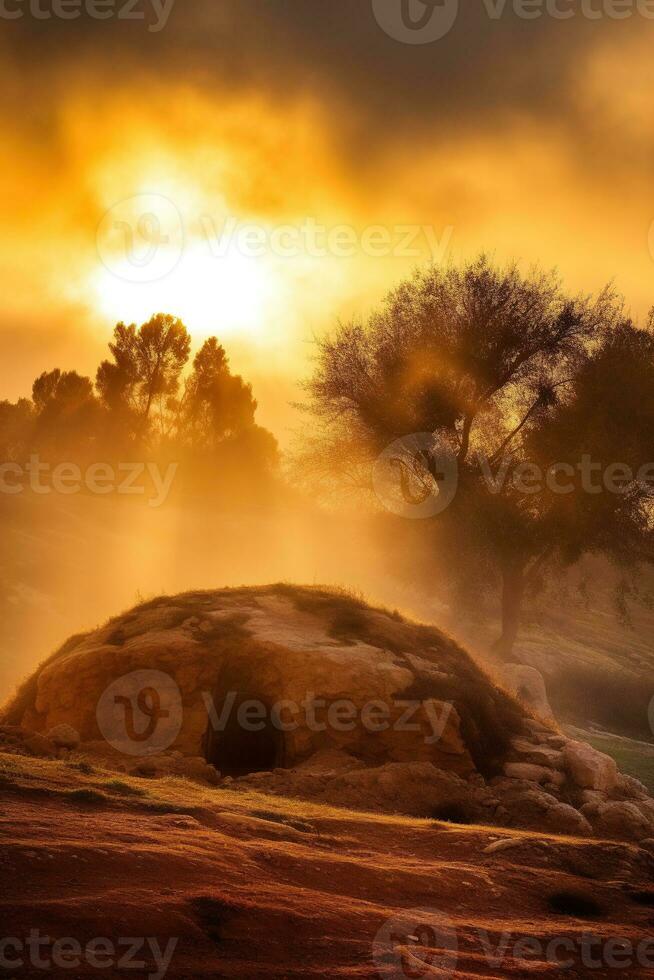 ai gerado nascer do sol sobre uma megalítico túmulo foto