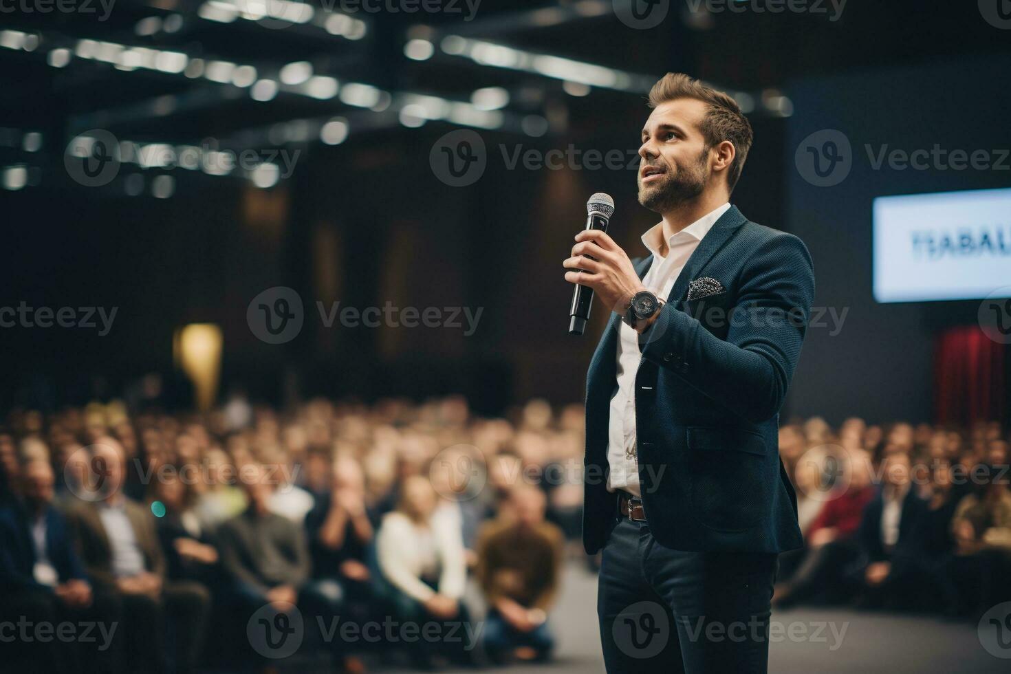 ai gerado alto falante dando uma conversa às o negócio conferência. público às a conferência corredor. o negócio e empreendedorismo. foto