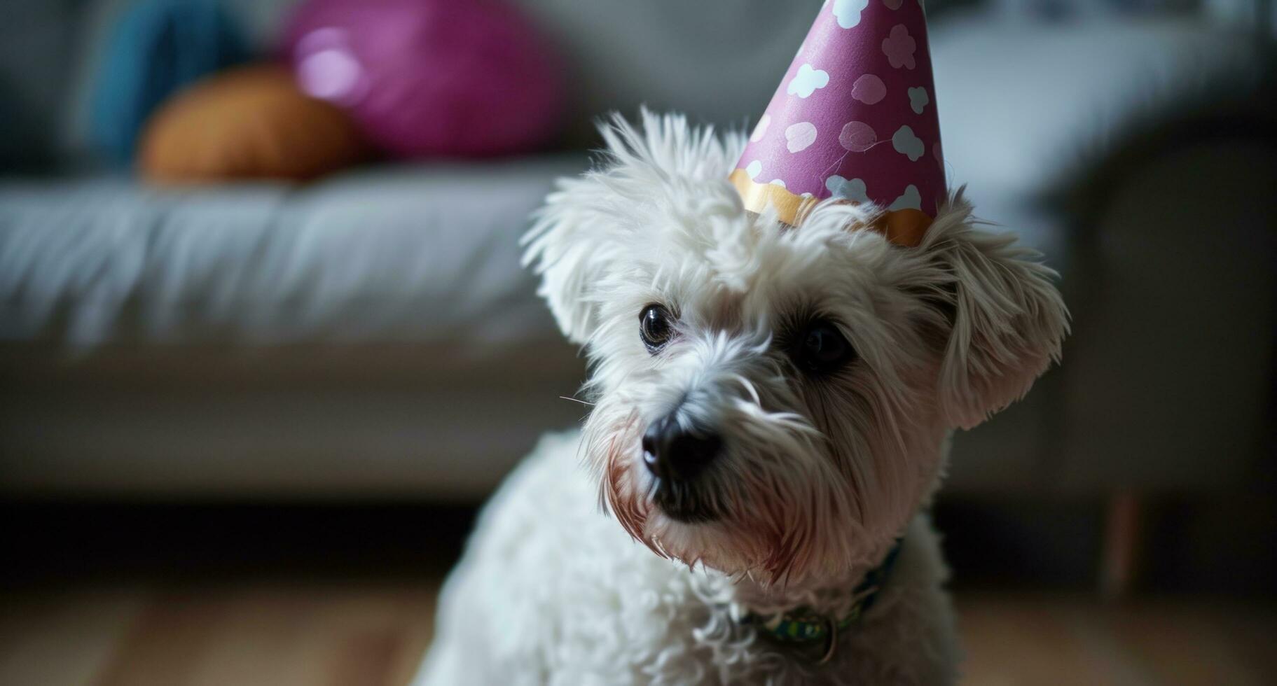 ai gerado pequeno branco cachorro vestindo aniversário chapéu foto