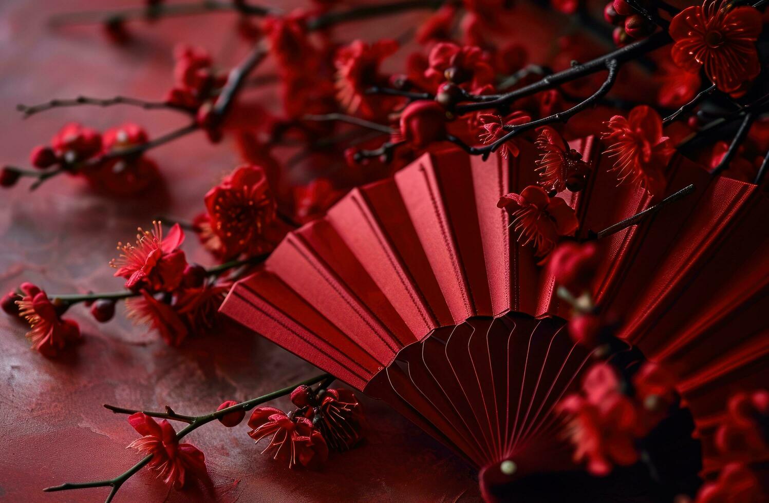 ai gerado vermelho papel ventilador com vermelho flores, Páscoa foto